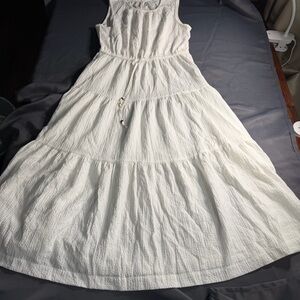 Calvin Klein Tiered Midi Dress Drawstring Waist Sleeveless Casual Chic Sz 8